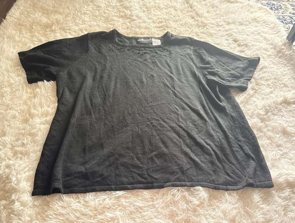 Sag Harbor Woman Vintage Black Beaded Embellished Neckline Short Sleeve Knit Top